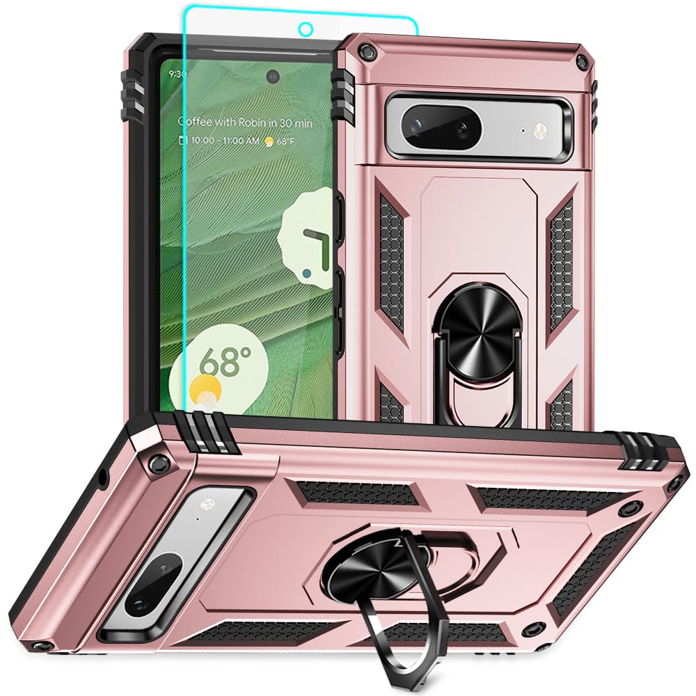 for Pixel 7a Case, Google Pixel 7A Phone Case with HD Screen Protector, [Military Grade 16ft. Drop Tested] Ring Shockproof Protective Phone Case for Google Pixel 7a,Rose Gold