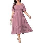 CICIDUDU Plus Size Smocked Maxi Dresses for Curvy Women Square Neck Flowy Casual Summer Wedding Guest Dress