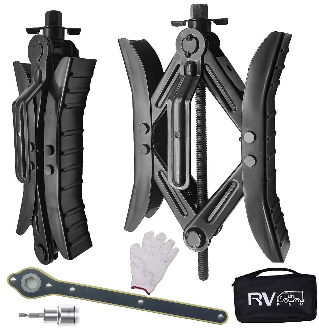 Photo 1 of RVPNR Camper Wheel Chock Stabilizer, RV X Chocks Wheel Stabilizer, Wheel Chock Scissor 2 Sets Tire Locking Chocks Accessories with Ratchet,hex Socket, Tool Kit, Gloves (Black)