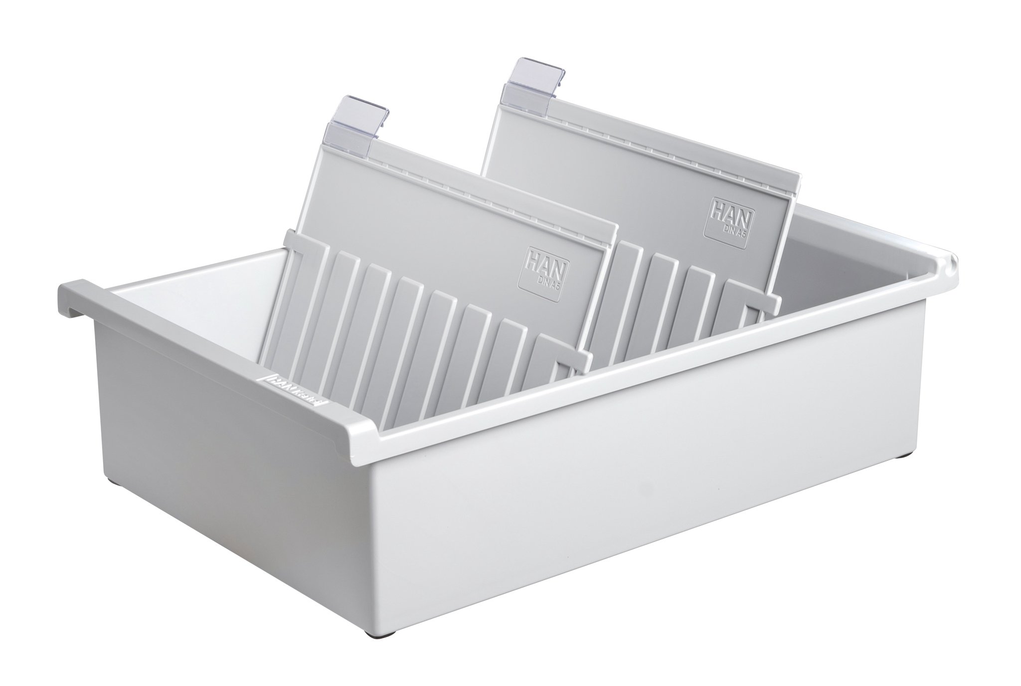 HAN 955-0-11, Card index tray A5 landscape. Innovative, attractive design holds 1,300 cards, supplied with 2 support plates with clear file clips, light-grey