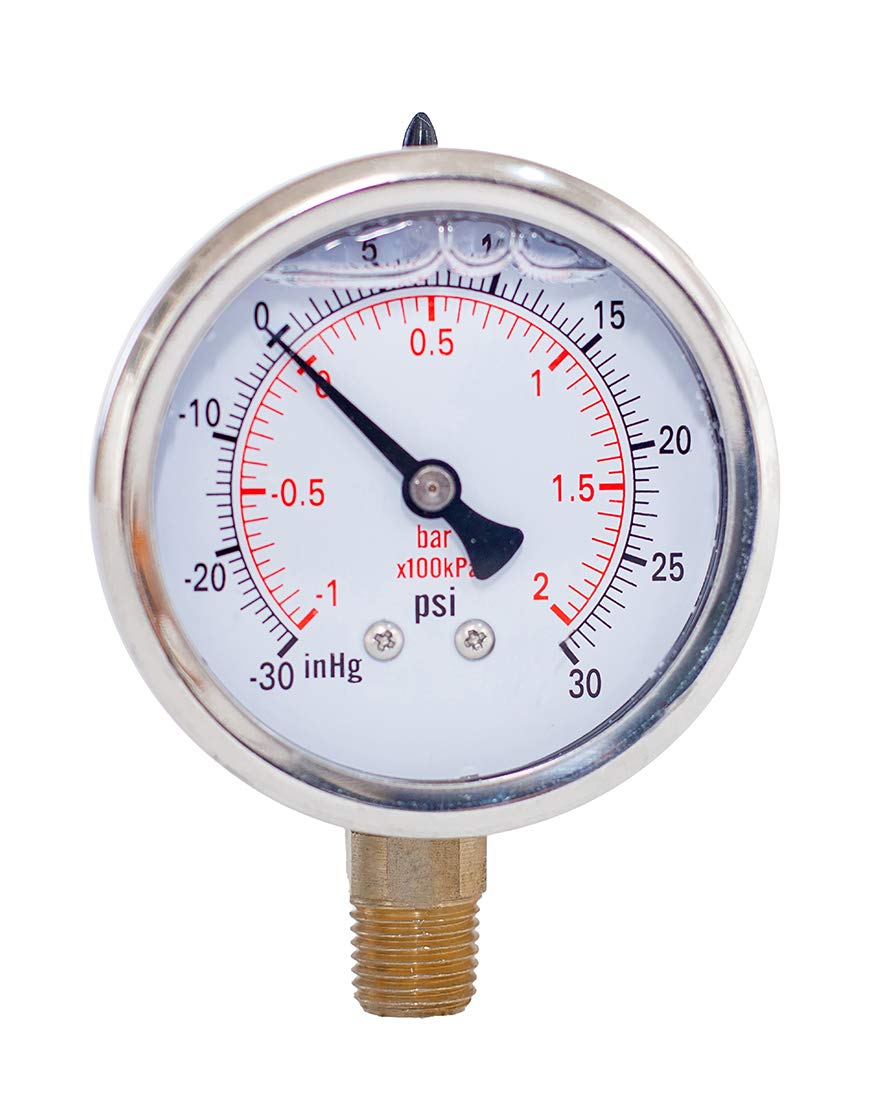 Vacuum Pressure Gauge,liquied Filled,2.5 Dia,30 Hg30 psi/bar/kpa,1/4