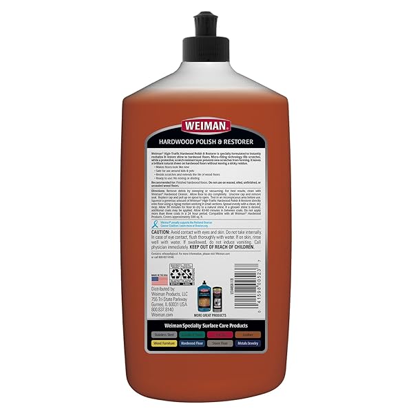 WEIMAN WOOD FLOOR POLISH AND RESTORER – 32 OUNCE – HIGH-TRAFFIC HARDWOOD FLOOR, NATURAL SHINE, REMOVES SCRATCHES, LEAVES PROTECTIVE LAYER, PACKAGING MAY VARY