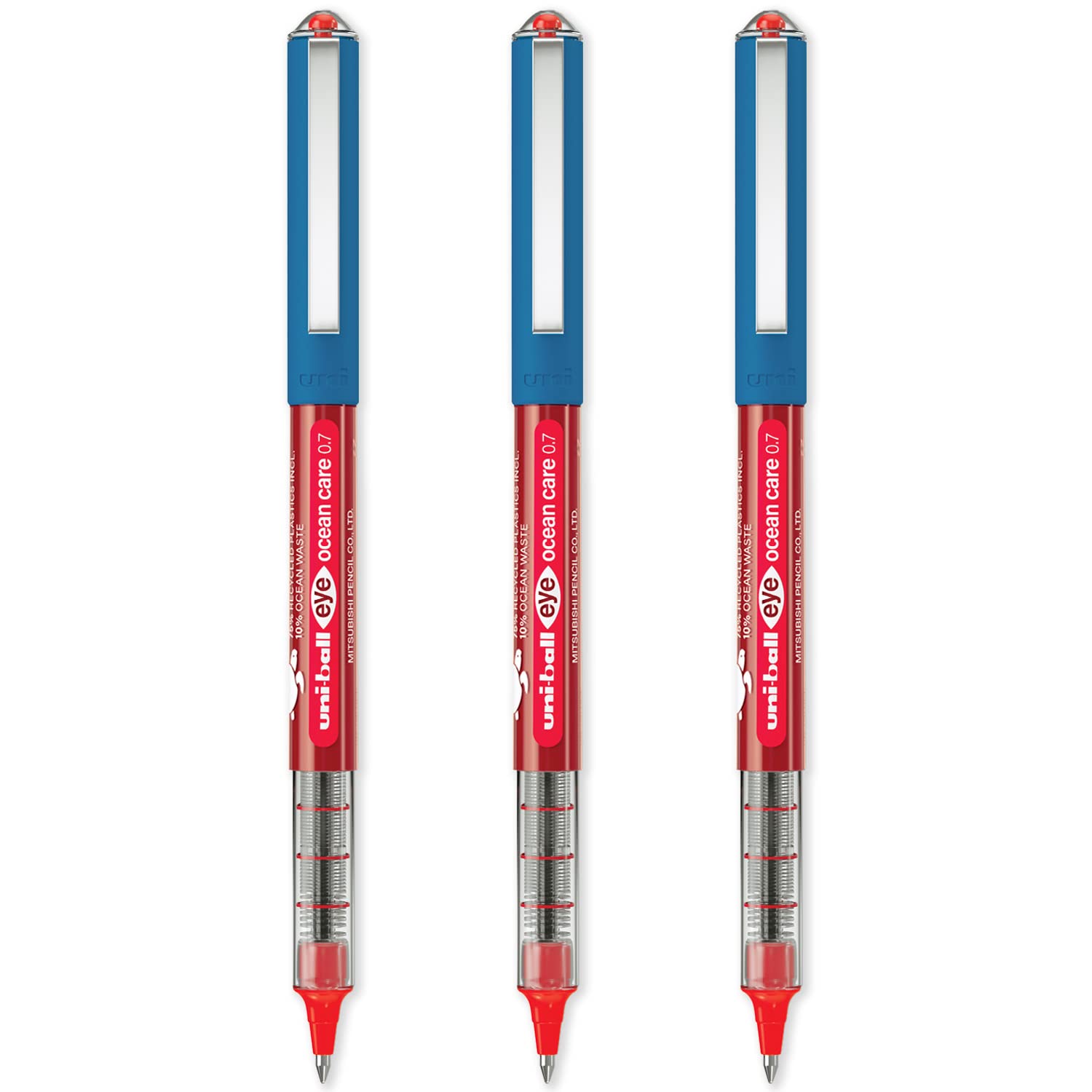 uni-ball Eye Ocean Care UB-157ROP Rollerball Pens - Fine 0.7mm Ballpoint Tip - Writing, Drawing, Art, Crafts and Colouring - Fade and Water Resistant - Pack of 3 Red Ink