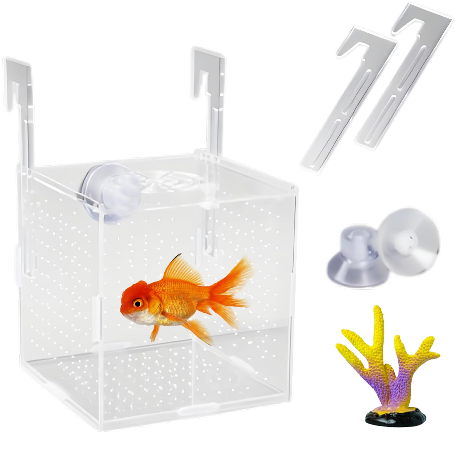 Photo 1 of Acrylic Fish Breeding Box for Tank, 5.9×5.9×5.9in Fish Breeder Box for Aquarium with Suction Cups, Aquarium Breeding Box with Coral for Small Baby Fishes Shrimp Clownfish