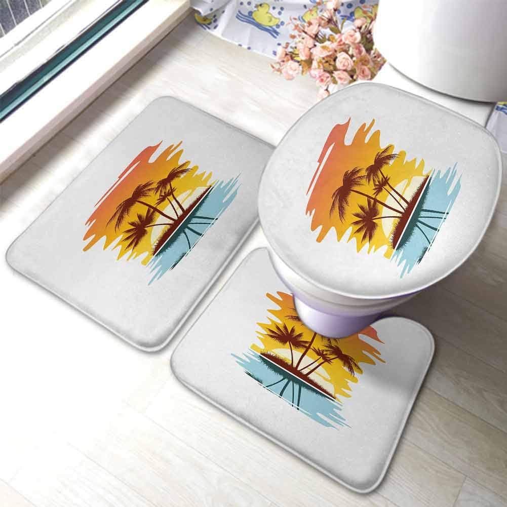 Beach Bathroom Rug Set Tropical Abstract Background with Palm Trees and Sunset Ocean