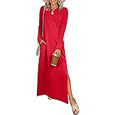 ANRABESS Women Long Sleeve Dresses 2025 Fall Casual Crewneck Loose Fit Split Flowy Wrinkle-Free Travel Vacation Maxi Dress