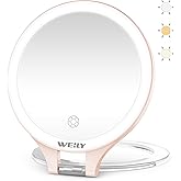 WEILY Magnifying Mirror with Light, 10X/1X Magnification Double-Sided Travel Makeup Mirror, with 3 Color Lights, Touch Control, Rechargeable Portable Mirrors for Bedroom, Bathroom (Pink)
