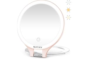 WEILY Magnifying Mirror with Light, 10X/1X Magnification Double-Sided Travel Makeup Mirror, with 3 Color Lights, Touch Control, Rechargeable Portable Mirrors for Bedroom, Bathroom (Pink)