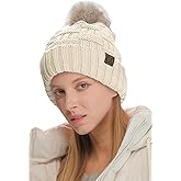 C.C Knit Beanie Hat – Fuzzy Fleece Lined Warm Winter Hat, Faux Fur Pom Soft Stretchy Slouchy Knit Cap, Cold Weather Beanie