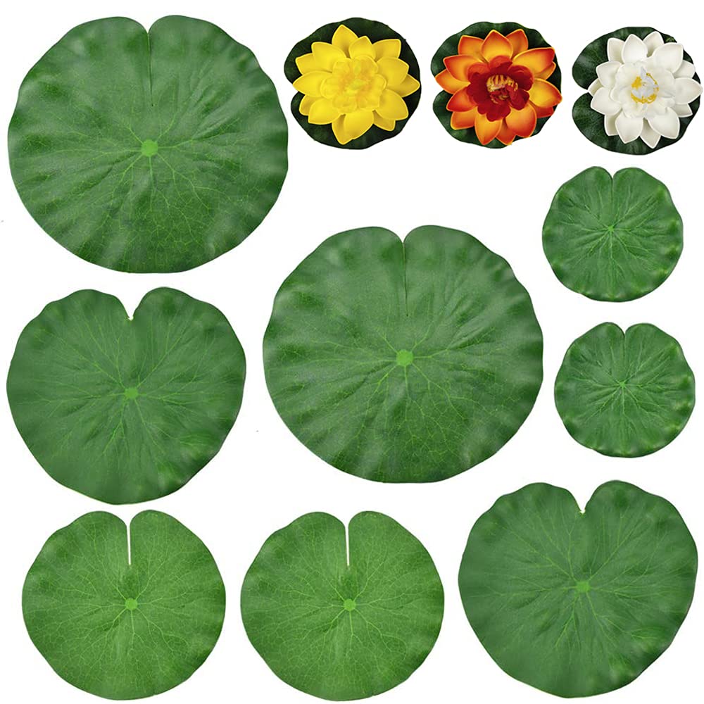 15 Pieces Water Lily Leaves, Floating Pond Decor Water Lily, Water Lily Pads Ornaments, Artificial Water Lotus Leaves, 12 Lotus Leaf and 3 Lotus, for Pond, Aquarium, Garden Swimming Pool