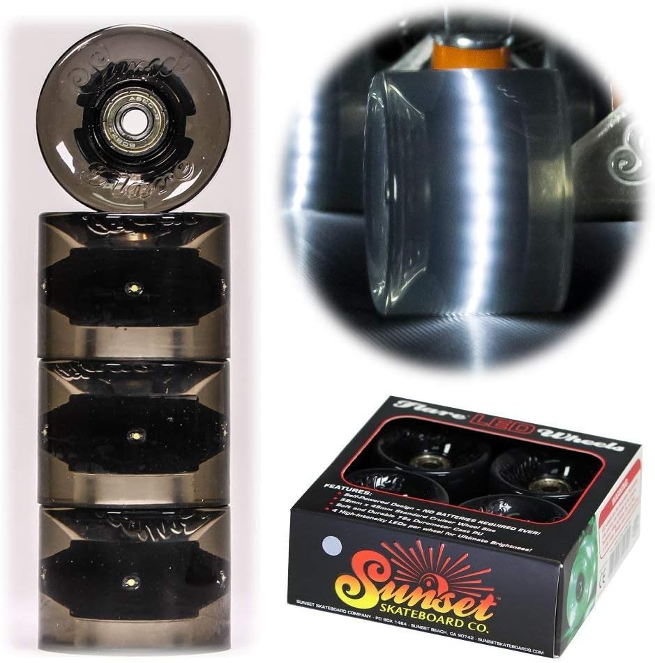 Sunset Skateboard Co. 59mm 78a LED Light-Up Cruiser Wheels (4-Pack) with ABEC-9 Carbon Steel Bearings for Glow-in-The-Dark, All Ages & Skill Levels Skating Fun with No Batteries Required (Smoke)