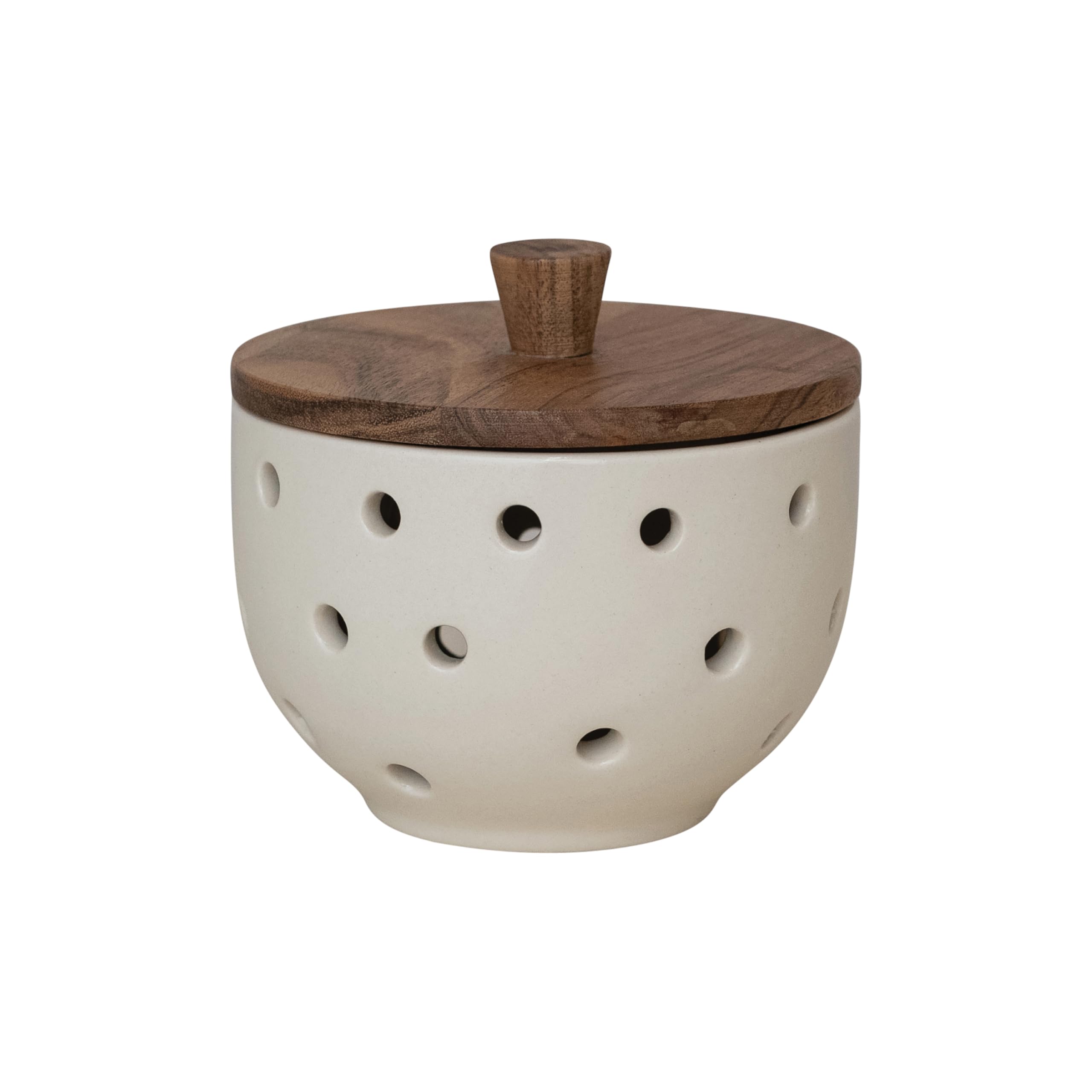 Photo 1 of Creative Co-Op Stoneware Garlic & Onion Keeper with Mango Wood Lid, Cream & Natural