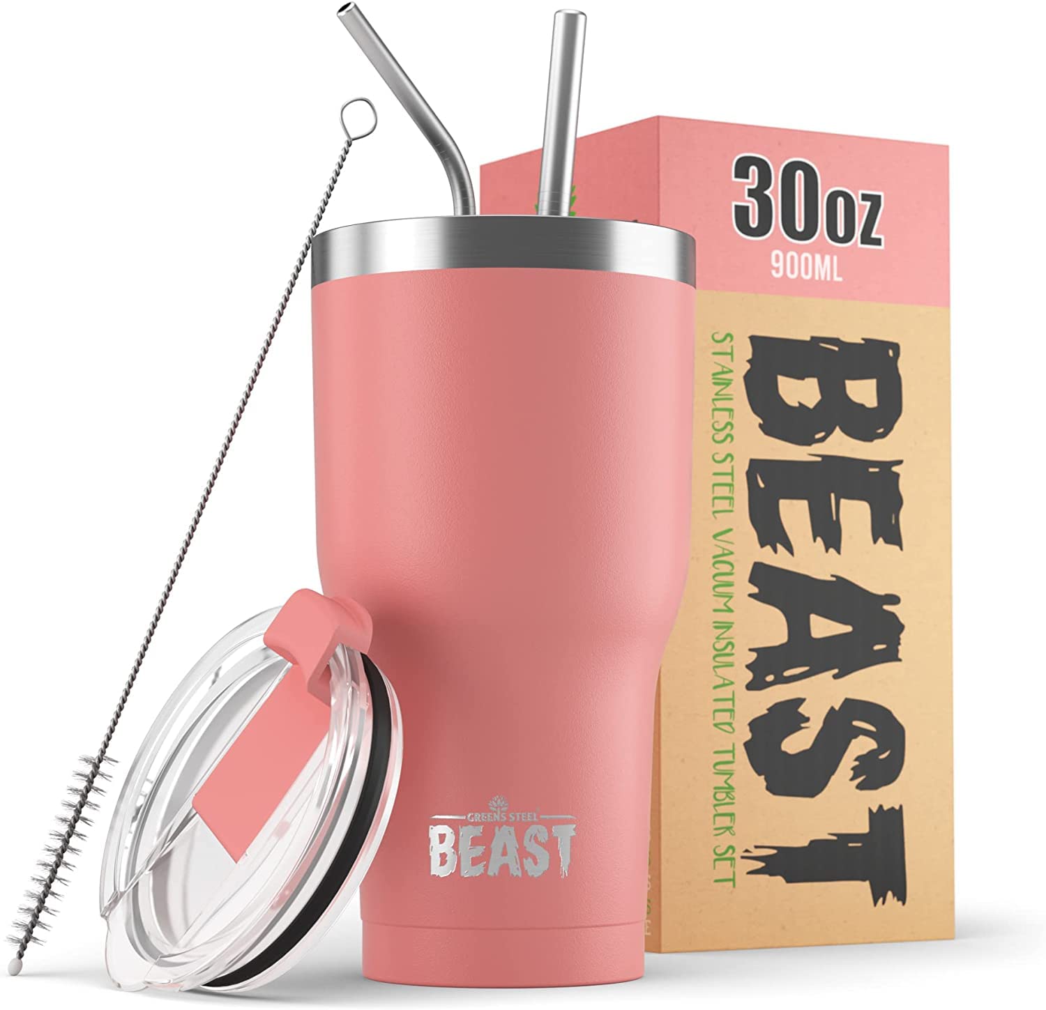 Beast Tumbler - 900 ml (30 oz), Blossom Pink | Reusable Stainless Steel, Vacuum Insulated Cup | with + 2 Straws & Cleaning Brush | Double Wall Travel Flask Perfect for Hot or Iced Coffee | BPA Free