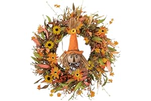 J'FLORU 22" Fall Wreath with Scarecrow Artificial Fall Wreaths for Front Door Autumn Wreath with Orange Daisies Wildflowers Autumn Foliage for Harvest Festival Thanksgiving Day Celebration