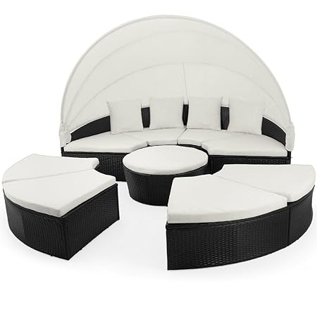 Deuba XXL Poly Rattan Sonneninsel Ø 230cm I mit Dach & Tisch I 7cm Dicke Auflagen + 4 Kissen I Schwarz - Lounge Liege Sitzgar