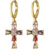 HZMAN Cross Earring for Women 14K Gold Plated Hypoallergenic Dangle Hoop Earrings Dainty Crystal Cubic Zirconia Earrings