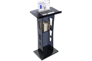 DEVLOUTT Acrylic Podium Stand, Ultra Clear 43'' Pulpits for Churches with 15 Color Adjustable, Modern Lectern with Storage Sheld for Church,Conference,Speech, 23.62”x 15.75”X 43.3” (Black Without Wheels)