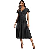 OXQLY Glitter Tulle Mother of The Bride Dresses Tea Length V Neck Short Sleeve Empire Waist A-Line Classy Formal Dress