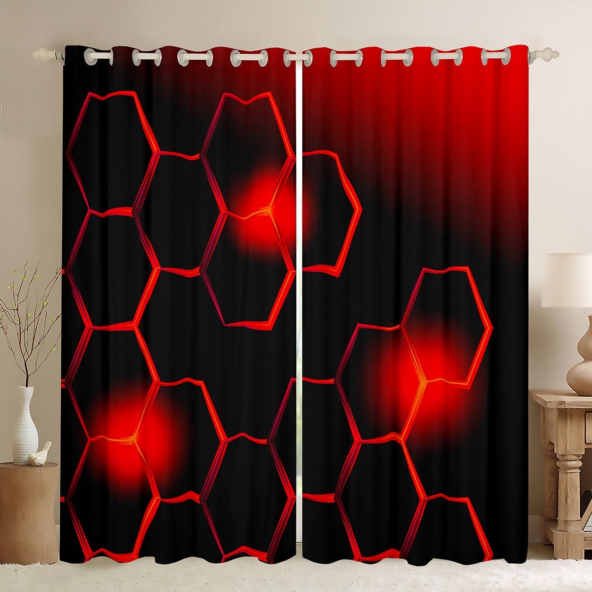 Homemissing Red and Black Darkening Drapes Honeycomb Curtains for Bedroom Living Room for Kids Decor Geometrical 30%-50% Blackout Curtains Beehive Geometric Window Treatments W66*L72