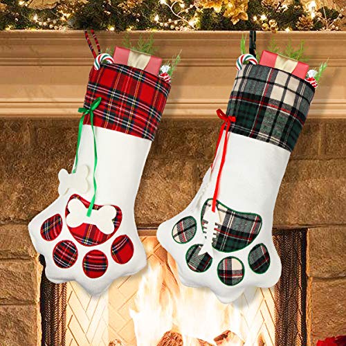 Aiduy Pet Christmas Stocking, 18" Dog Paw Christmas Stockings Hanging Plaid Cat Xmas Stockings for Christmas Decorations and Holiday Decor, 2 Pack
