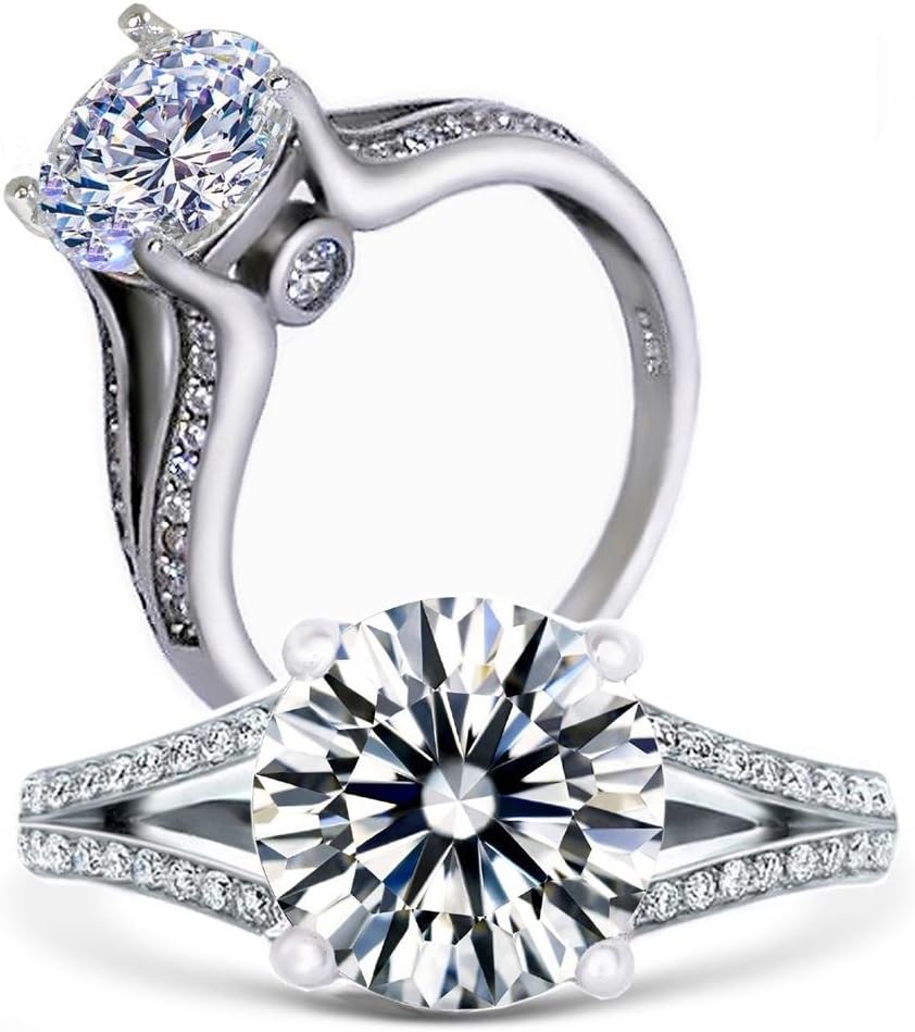 Diamonbella Realistic 10 Hearts 10 Arrows 81 Facets 5.0 Carats Simulated Diamond Round Cut Split Shank Ring 925 Silver cz Cubic Zirconia RSPLIT4CT-70