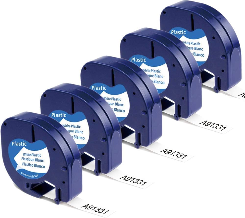 Aonomi Compatible Label Replacement DYMO Letratag Refills 91331 (S0721660) Black on White LT Plastic Label Tape 12mm x 4m, for DYMO LetraTag LT-100T LT-100H LT-110T QX50, 1/2 Inch x 13Ft, 5-Pack : Office Products