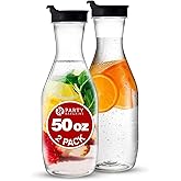 PARTY BARGAINS 50 oz Plastic Carafe with Black Flip-Tab Lid, Clear – 2 Pack Heavy-Duty Spill-Resistant Pitchers for Iced Tea, Juice, Cold Beverages, Powdered Drinks, Mimosa Bar
