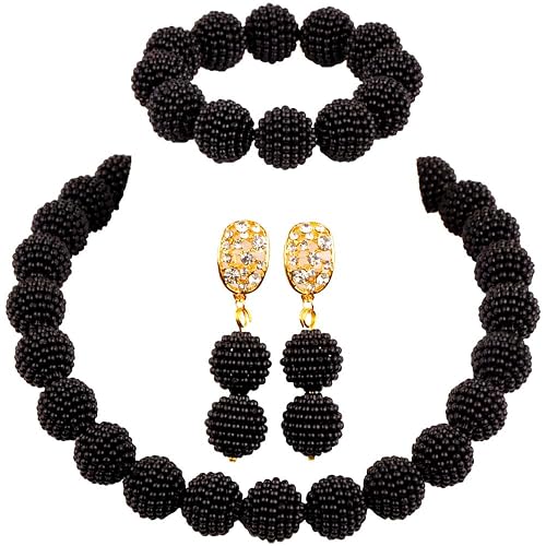 Nigerian Wedding African Beads Jewelry Set - Simulated Pearl Necklace & Earrings For Women (Royal Blue) - View #4