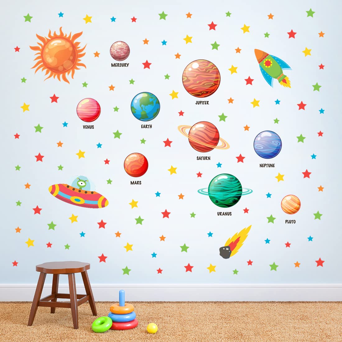 Solar System Rocket Space Ship Outta Space UFO Planets Learning Wall Stickers Kids Decals Cartoon Nursery Decals murals Graphics