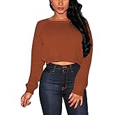 Pink Queen Crop Sweaters for Women Trendy Crew Neck Long Sleeve Fall Ribbed Pullover Cropped Knit Tops