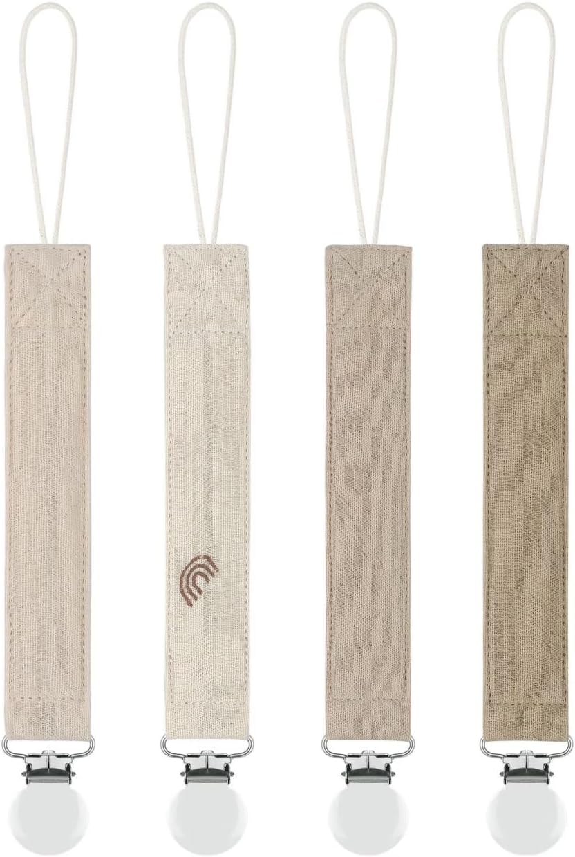 Moody Baby Organic Cotton Muslin Dummy Clips Pacifier Chain 4 Pack Tan Beige