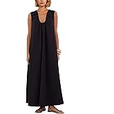 Womens Sleeveless Scoop Neck Long Dress Wide Shoulder Ruched Relaxed Casual Beach Vacation Maxi Sundress