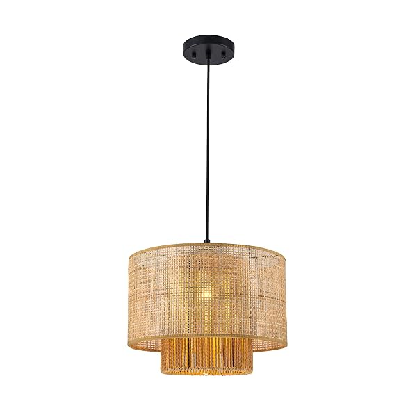 HUOKU 13.8” RATTAN DRUM CHANDELIER, 1-LIGHT BOHO DINING ROOM LIGHT FIXTURES FARMHOUSE PENDANT LIGHT HAND WOVEN LIGHTING FOR KITCHEN ISLAND LIVING ROOM BLACK