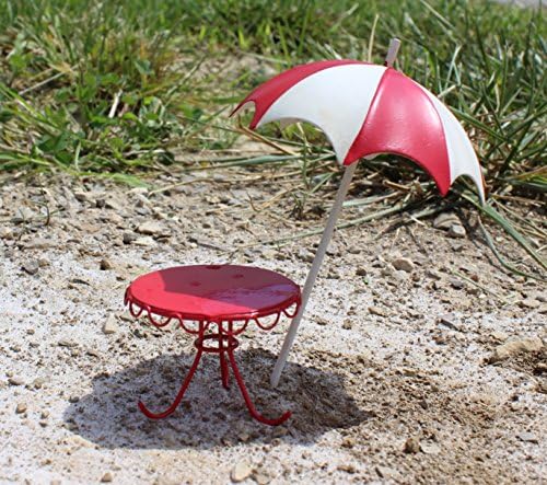 Bundle of 2 Miniature Fairy Garden Accessories - Red Bistro Table with Red Striped Umbrella Stake