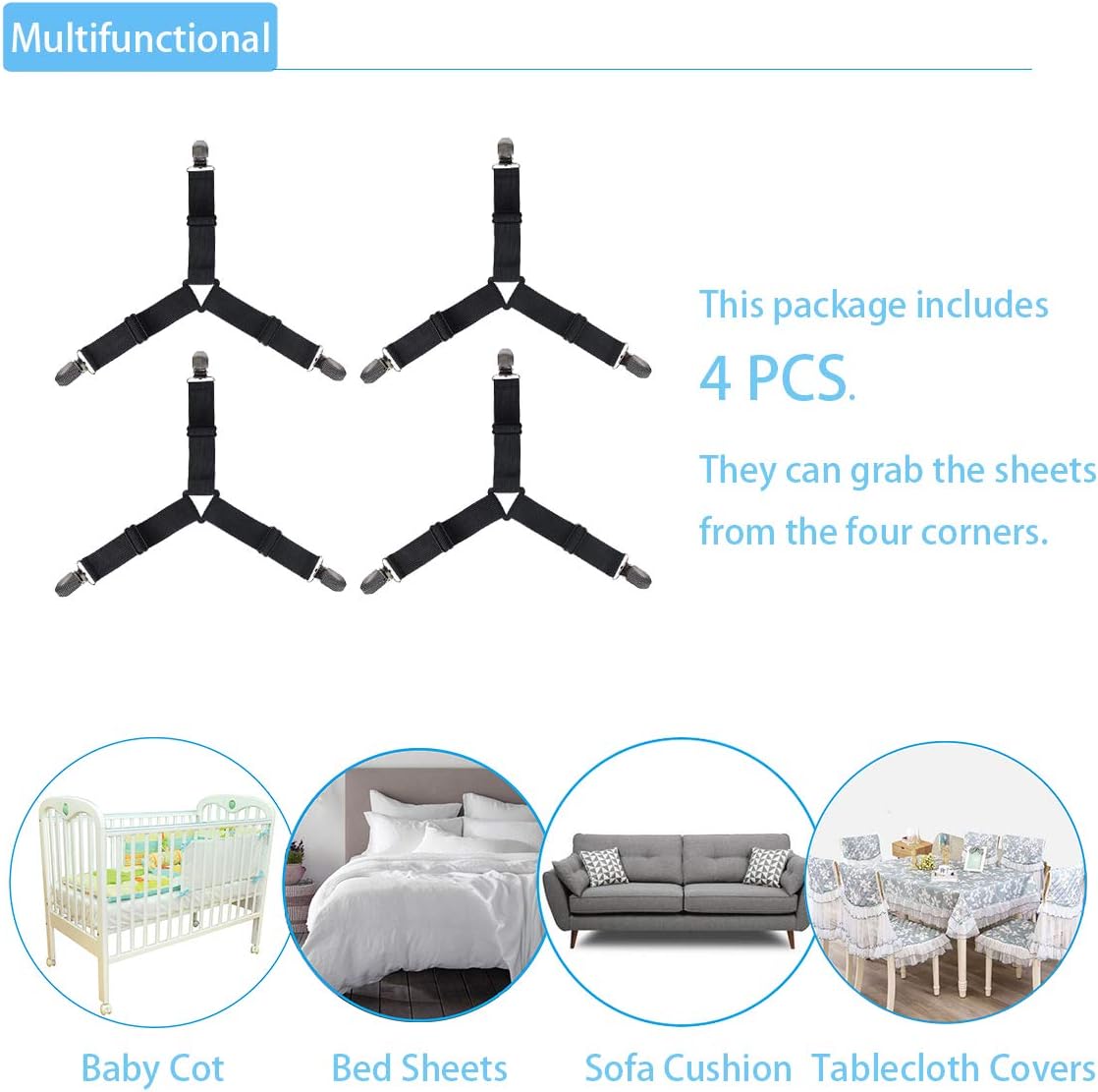 KALLC Bed Sheet Holder Straps, 4 Pack Adjustable Triangle Elastic Mattress Sheet Clips Mattress Cover Holder Fasteners Bed Sheet Fasteners Heavy Duty Grippers Clips Keeping Sheets Place for Bedding: Home & Kitchen