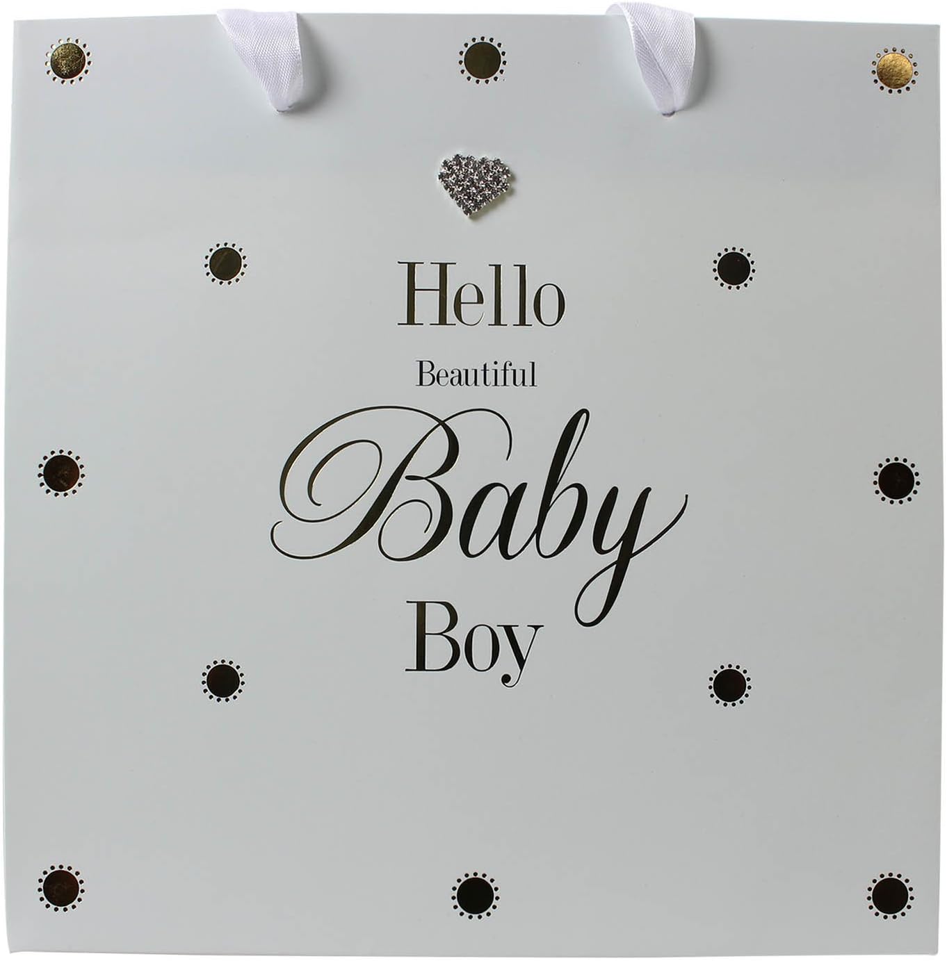 'Hello Beautiful Baby Boy' Gift Bag. Embellished with a diamante heart. Available in 3 sizes (Medium 23 x 16.5 x 23)