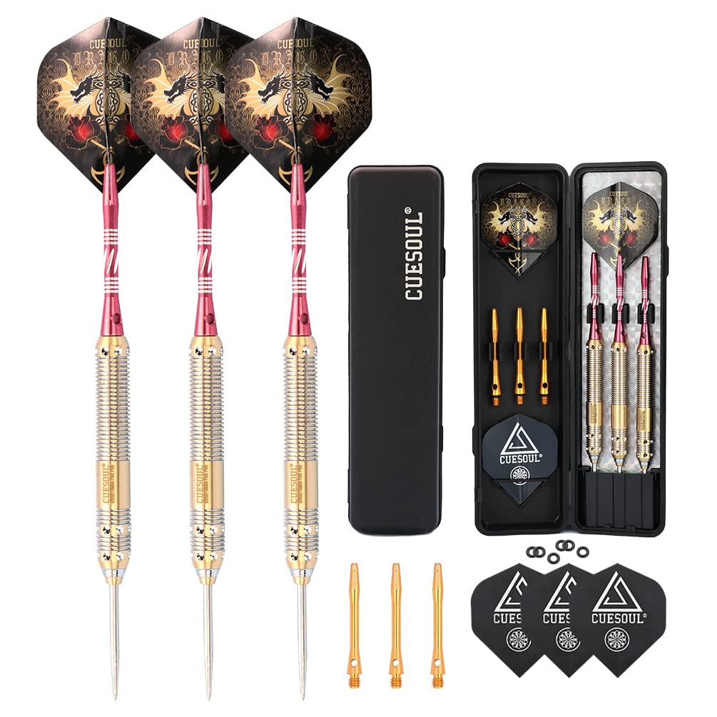 CUESOUL Dragon Series Steel Tip Darts Set 23 Grams Brass Barrels Durable Aluminum Shafts Great Grip Accuracy Good solid Accurate Darts Case Portable (JL-SL-J2102)