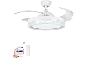 HOREVO Retractable Ceiling Fans with Lights and Bluetooth Speaker 42 Inch Fandelier Invisible Blades Chandelier Fan Color Changing Dimmable Hidden Bluetooth Ceiling Fan with Lights with Remote
