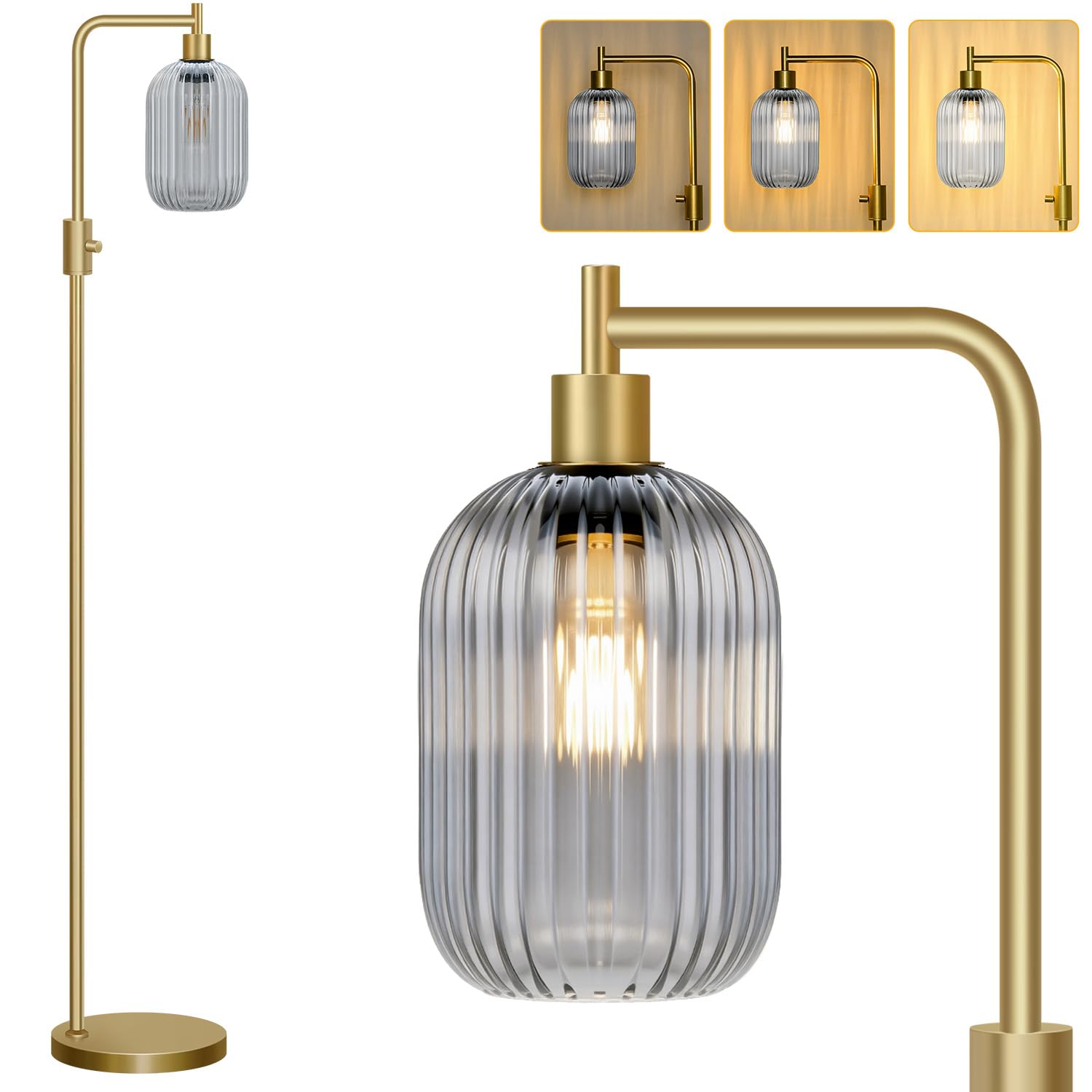 Photo 1 of ?Upgraded? Dimmable Glass Floor Lamp for Living Room, Modern Gold Standing Lamp with Gray Ribbed Glass Lampshade & Knob Dimmer, Arc Tall Lamp for Bedroom Office Reading Room, 2700K Led Bulb Included