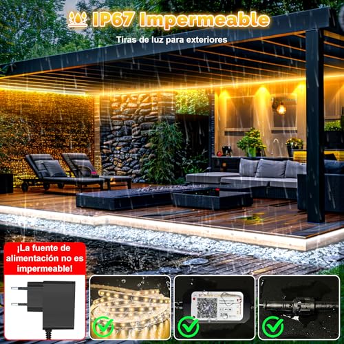 TENDIST 20M Outdoor Waterproof LED Strip IP67, White Lights Outdoor 3000K-6500K, 24V Waterproof Adhesive LED Strips, Fita LED with APP & Remote Control for Pavilion, Pergola, Patio