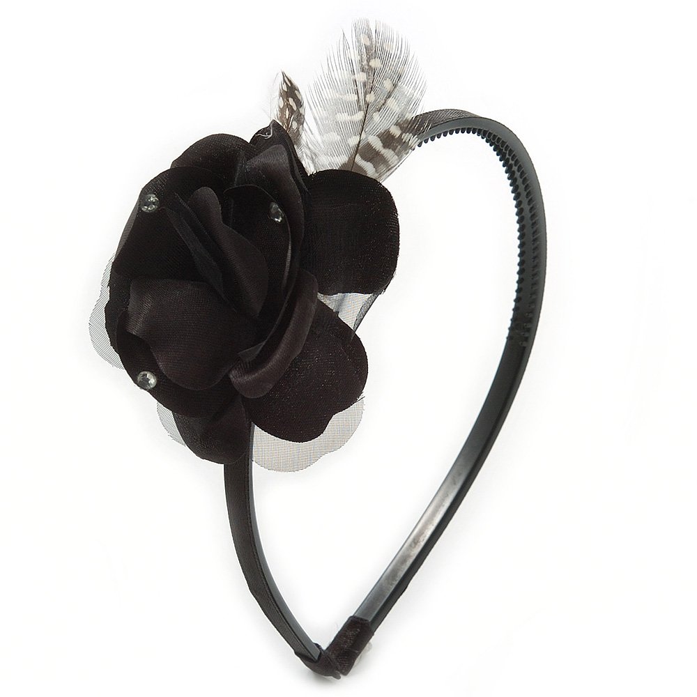 Thin Black With Side Silk & Feather Rose Flower Alice/Hair Band/HeadBand