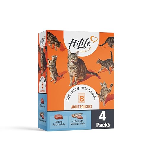 HiLife Adult Wet Cat Food, Mixed Tuna in Jelly Recipes, Complete Cat Food Pouches, 100% Natural & Grain Free, Tuna Flakes / with Mackerel(32 x 70g Pouches)
