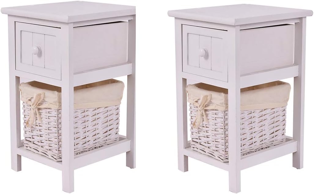 Amazon Com Giantex Nightstand With Drawer And Layer Wicker Basket Wooden Mini Organizer For Bedroom Bedside Sofa End Table 2 White Kitchen Dining