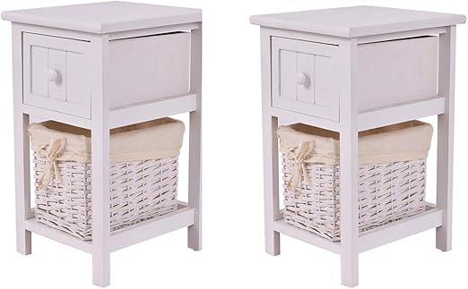 Amazon Com Giantex Nightstand With Drawer And Layer Wicker Basket Wooden Mini Organizer For Bedroom Bedside Sofa End Table 2 White Kitchen Dining