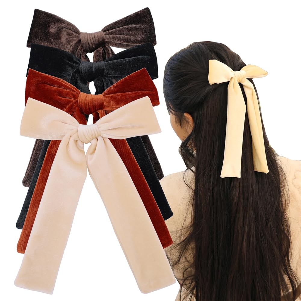Photo 1 of 4 PCS Long Tail Velvet Bow Hair Clips for Girl Kids Baby Mom Ponytail Cheer Bows Alligator Clip Young Girls and Women Fall Winter Velvet Hair Accessories (Cream/Fall/Black/Brown)