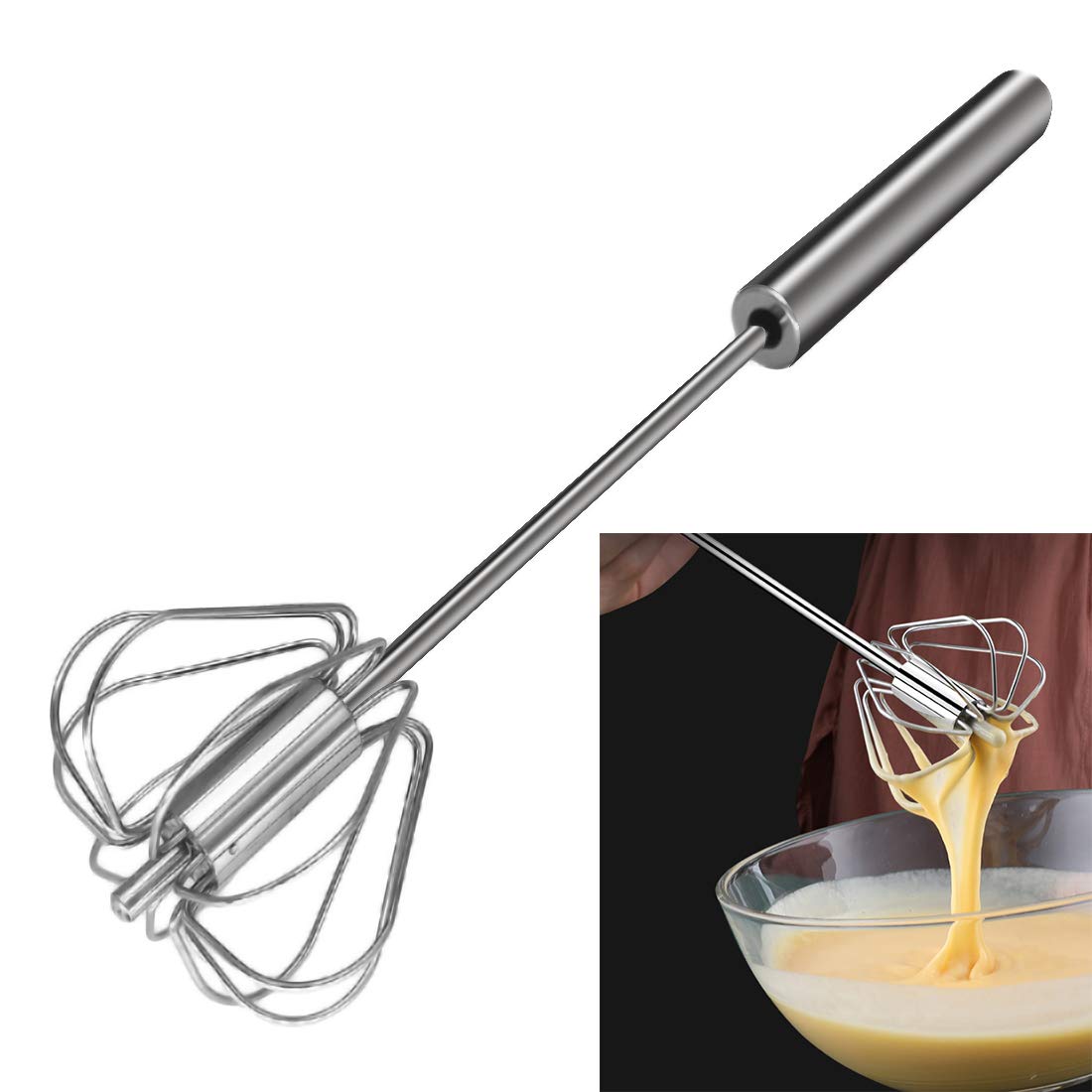 Feeziloe Egg Whisk, Egg Beater, Hand Push Whisk Blender, Food-Grade 304 Stainless Steel Egg Beater, Milk Frother, Rotating Push Mixer Stirrer for Whisking, Beating, Stirring