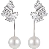 925 Sterling Silver Square Cubic Zirconia Pearl Dangle Earrings for Women| Fashionable Bridal Wedding Jewelry Perfect Gifts for Bridesmaids Friends
