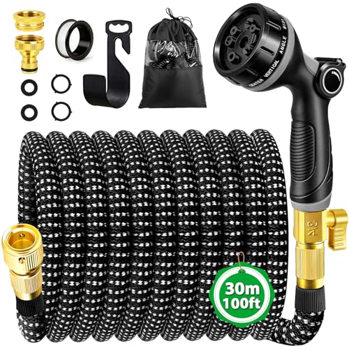 Expandable Garden Hose Pipe 100FT, Flexible Expanding Magic Hose Pipe for Garden with 10 Functions Spray Nozzle, Leakproof Anti-Kink Water Hose with Durable Fitting for Yard Lawn Gardening Car Washing