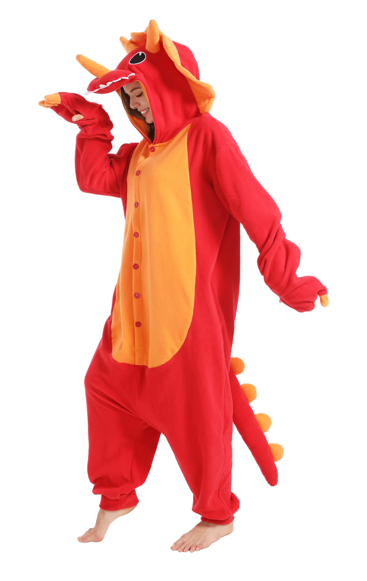 Photo 1 of dressfan Unisex Animal Triceratops Dragon Costume Onesie Pajamas Red Dinosaur Halloween Cosplay Costume Christmas Family Pajamas Adults Teens,XL