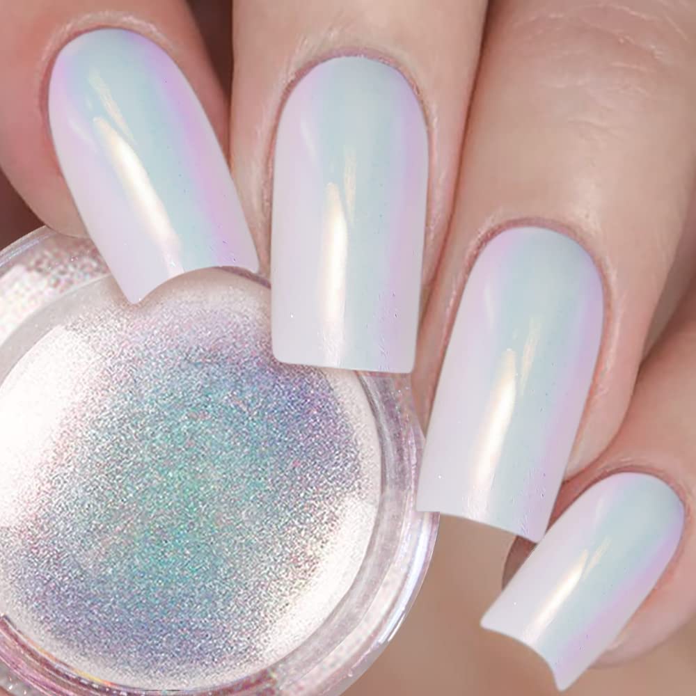 Pearl Chrome Nail Powder - DRMODE Unicorn Iridescent White Powder with Mermaid Neon Rainbow Effect, Multi Color Changing Opal Aurora Nail Pigment Dust